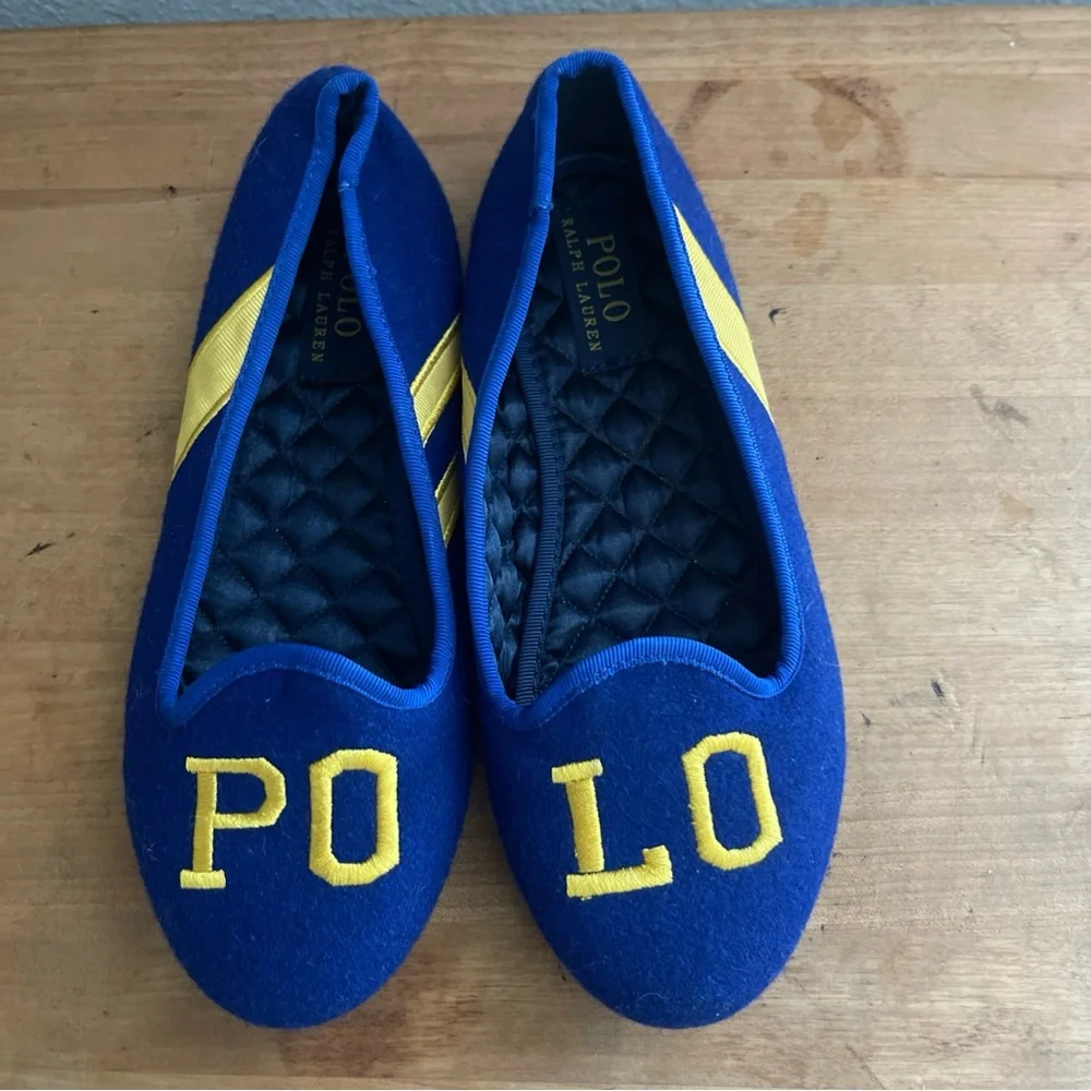 Ralph Lauren Spell Out Flannel Wool Slippers Blue Royal Shoes Sz 2